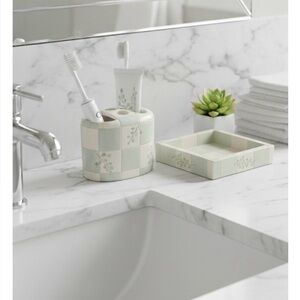 Toothbrush and Soap Dish Bathroom Set, White Green